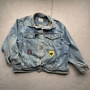 Vintage 90s Komitor Denim Trucker Jacket Womens XL Daks Pocono Mtns Pa Patches